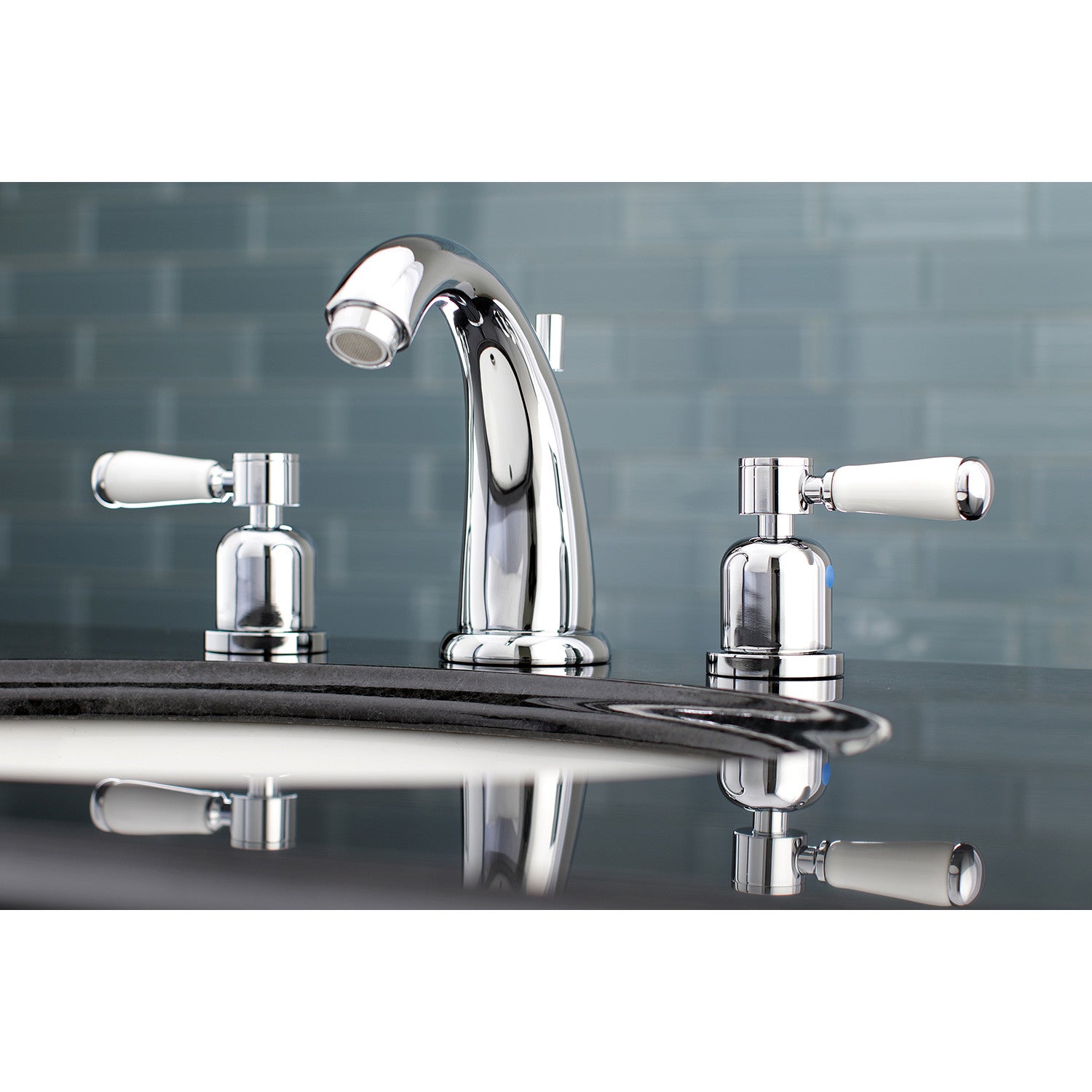 Kingston Heirloom KB8981DPL - Paris Two-Handle 3-Hole Deck Mount Widespread Bathroom Faucet with Pop-Up Drain, Polished Chrome — thumbnail 2